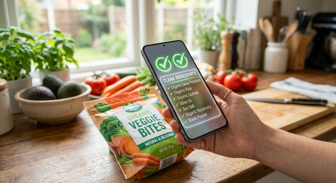 A smartphone scanning a colorful packaged food label revealing glowing green checkmarks and clear clean ingredients on a modern kitchen counter with fresh vegetables and bright natural sunlight