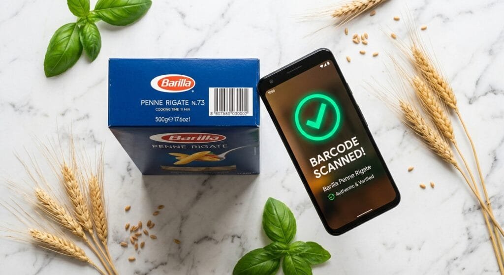 bright overhead flat lay of a blue box of barilla pasta next to a smartphone scanning a barcode with a green checkmark glowing on screen fresh golden wheat stalks and basil leaves scattered on a clean white marble countertop hopeful and friendly lighting no people