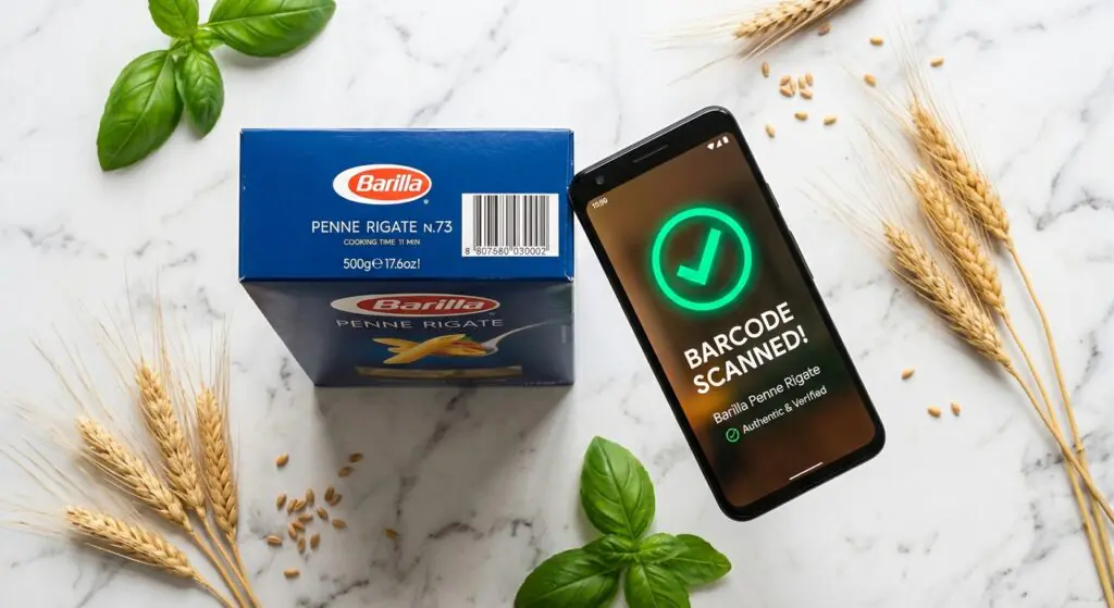 bright overhead flat lay of a blue box of barilla pasta next to a smartphone scanning a barcode with a green checkmark glowing on screen fresh golden wheat stalks and basil leaves scattered on a clean white marble countertop hopeful and friendly lighting no people