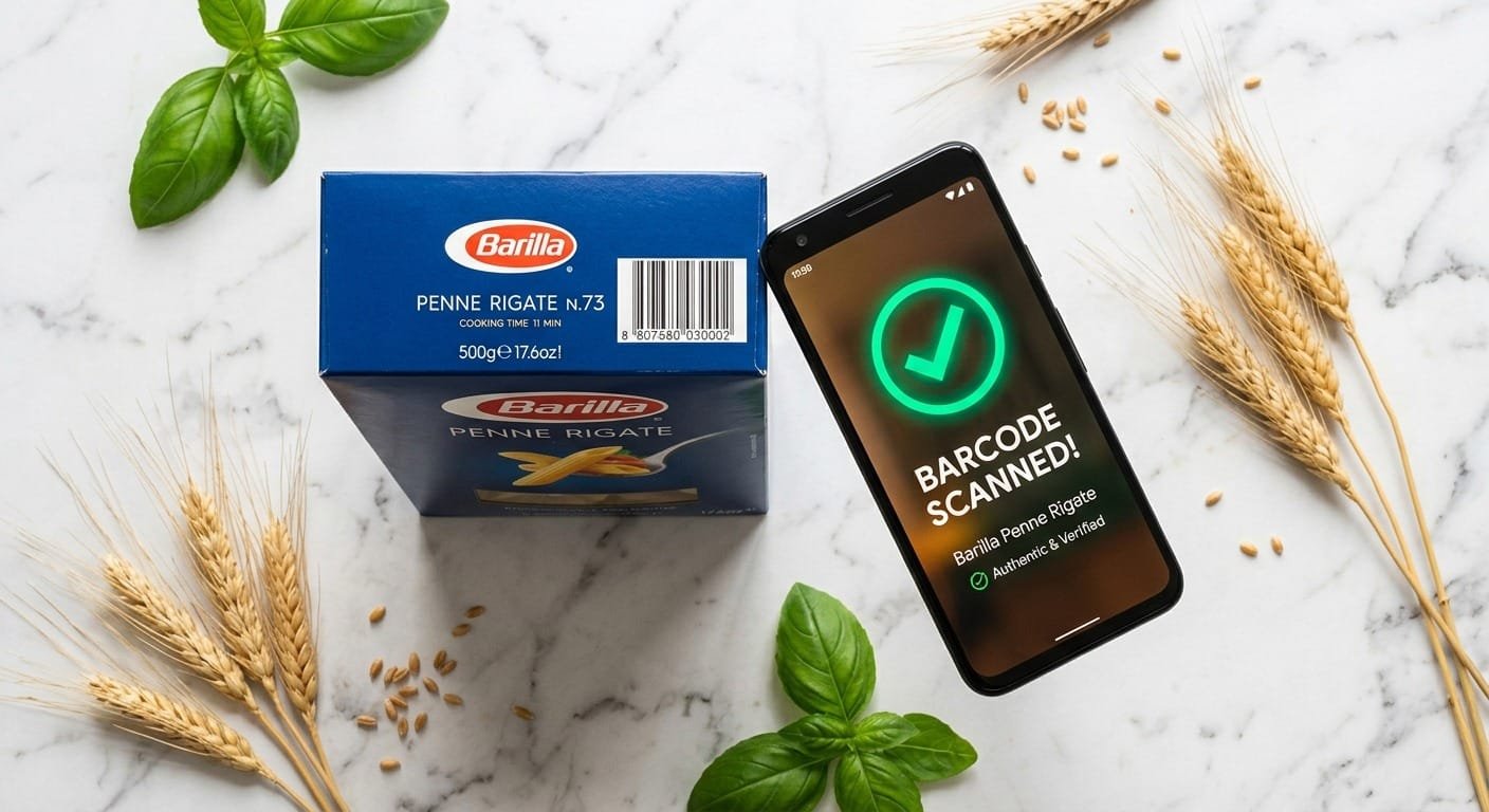 bright overhead flat lay of a blue box of barilla pasta next to a smartphone scanning a barcode with a green checkmark glowing on screen fresh golden wheat stalks and basil leaves scattered on a clean white marble countertop hopeful and friendly lighting no people