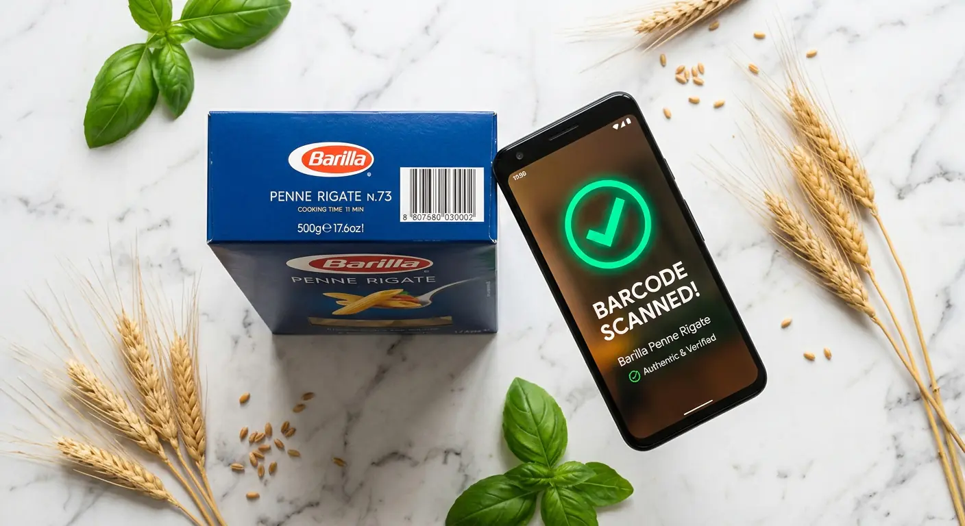 bright overhead flat lay of a blue box of barilla pasta next to a smartphone scanning a barcode with a green checkmark glowing on screen fresh golden wheat stalks and basil leaves scattered on a clean white marble countertop hopeful and friendly lighting no people