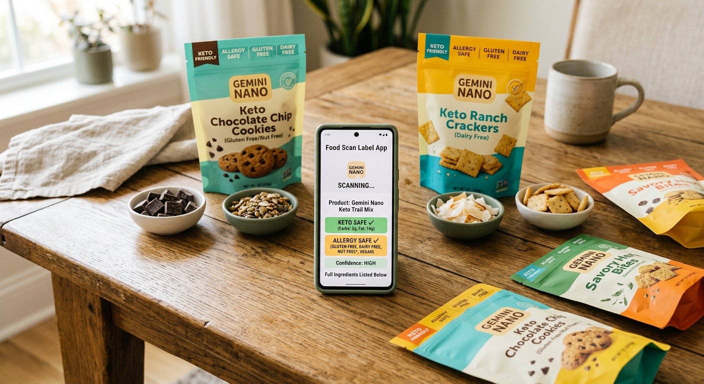 Gemini Nano Banana shot of vibrant allergy safe keto snacks neatly arranged on a clean wooden table with a smartphone displaying a food scan label app bright friendly natural lighting hopeful and welcoming atmosphere no people