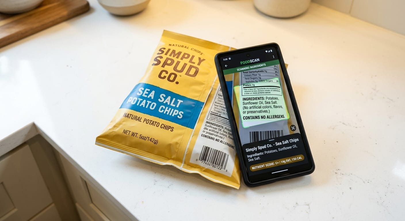 bright overhead macro photo of a bag of potato chips and a smartphone scanning the ingredient label using a food scanner app with fresh yellow lighting and a clean white kitchen countertop surface with no people
