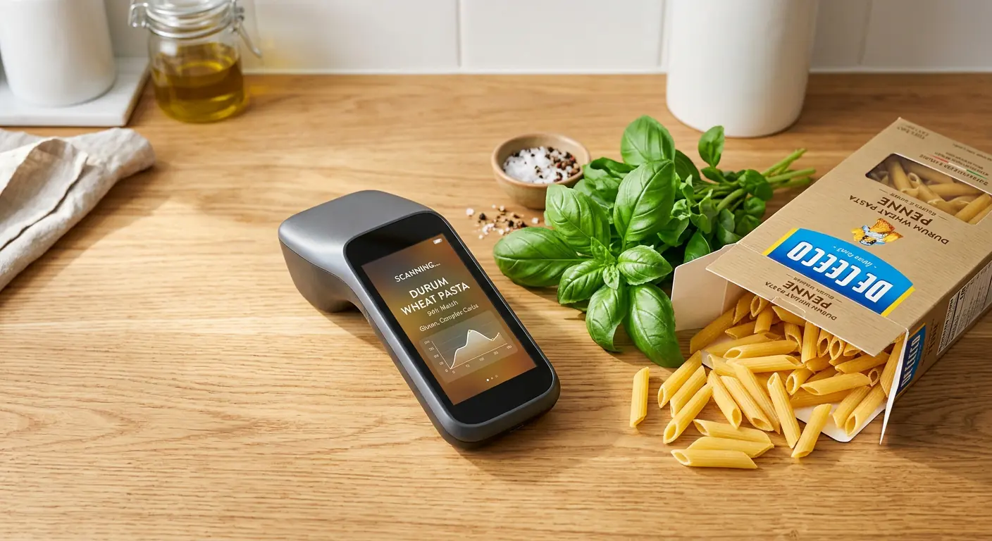 bright overhead macro photo of a sleek digital food scanner resting on a wooden kitchen counter next to an open box of golden durum wheat pasta and fresh basil leaves glowing with soft natural morning light clean aesthetic high resolution food tech concept without people