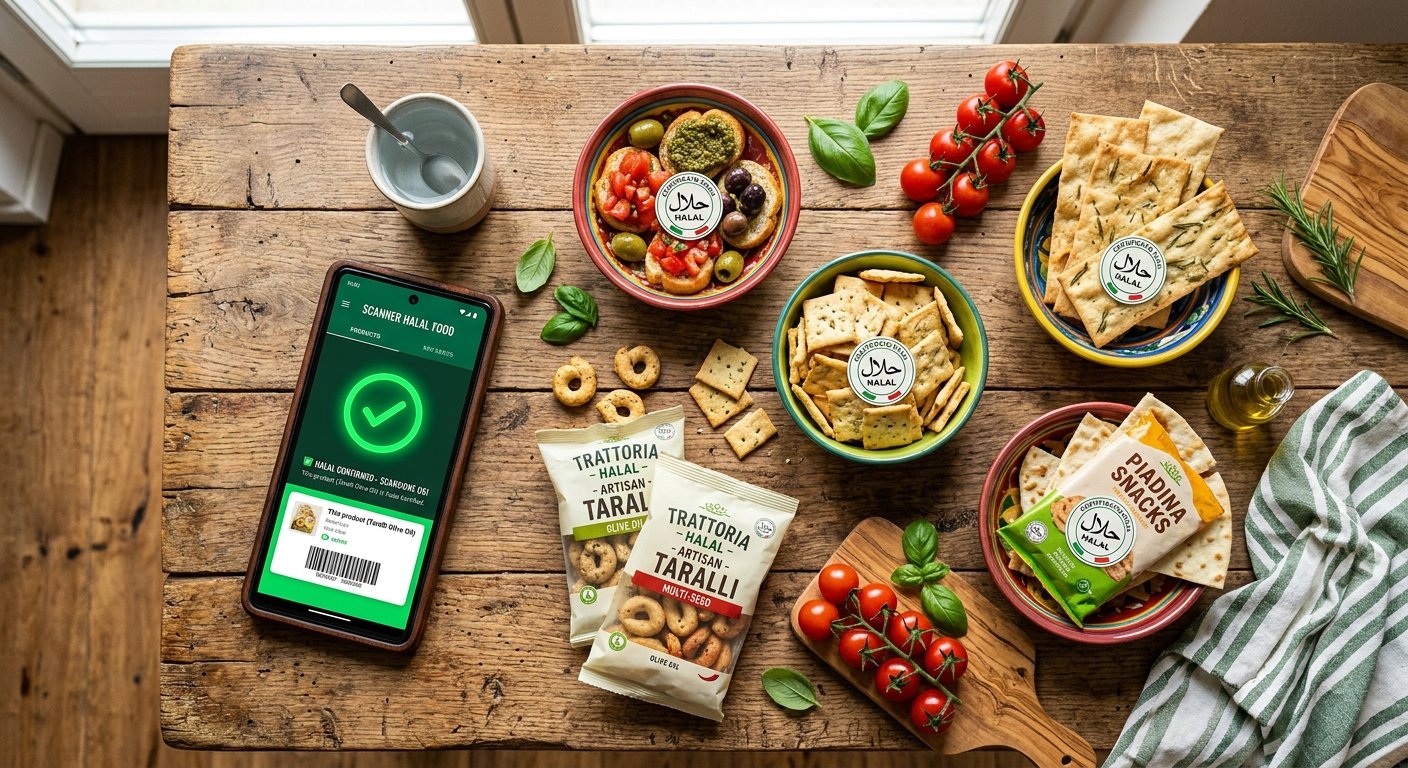 A vibrant flat lay photo of colorful Italian halal snacks artisan crackers and a smartphone displaying a green checkmark food scan app on a rustic wooden table bright natural lighting hopeful and welcoming mood without any people