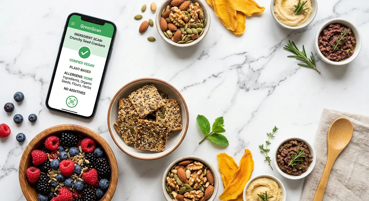 A bright and inviting flat lay of colorful plant based vegan snacks on a clean white marble countertop next to a smartphone displaying a clear food ingredient scan app interface with vibrant fresh berries and crunchy seed crackers filling the frame without any people